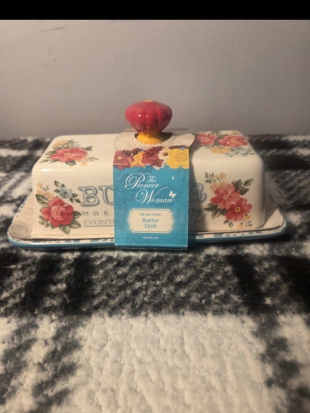 Pioneer Woman Vintage Floral Butter Dish White & Blue New